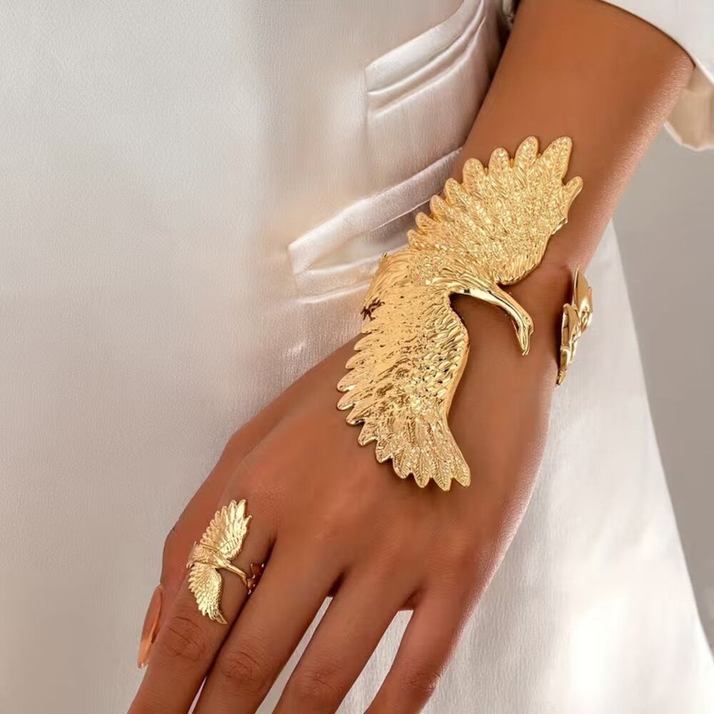 Gold Tone Egyptian Phoenix Bird Cuff Bracelet w/ Statement Ring Set (One Size)